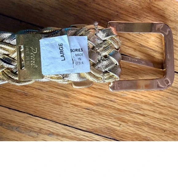 Pearl Accessories Vintage 80s Gold Braided Woven Leather Belt Large Made USA - Picture 3 of 5